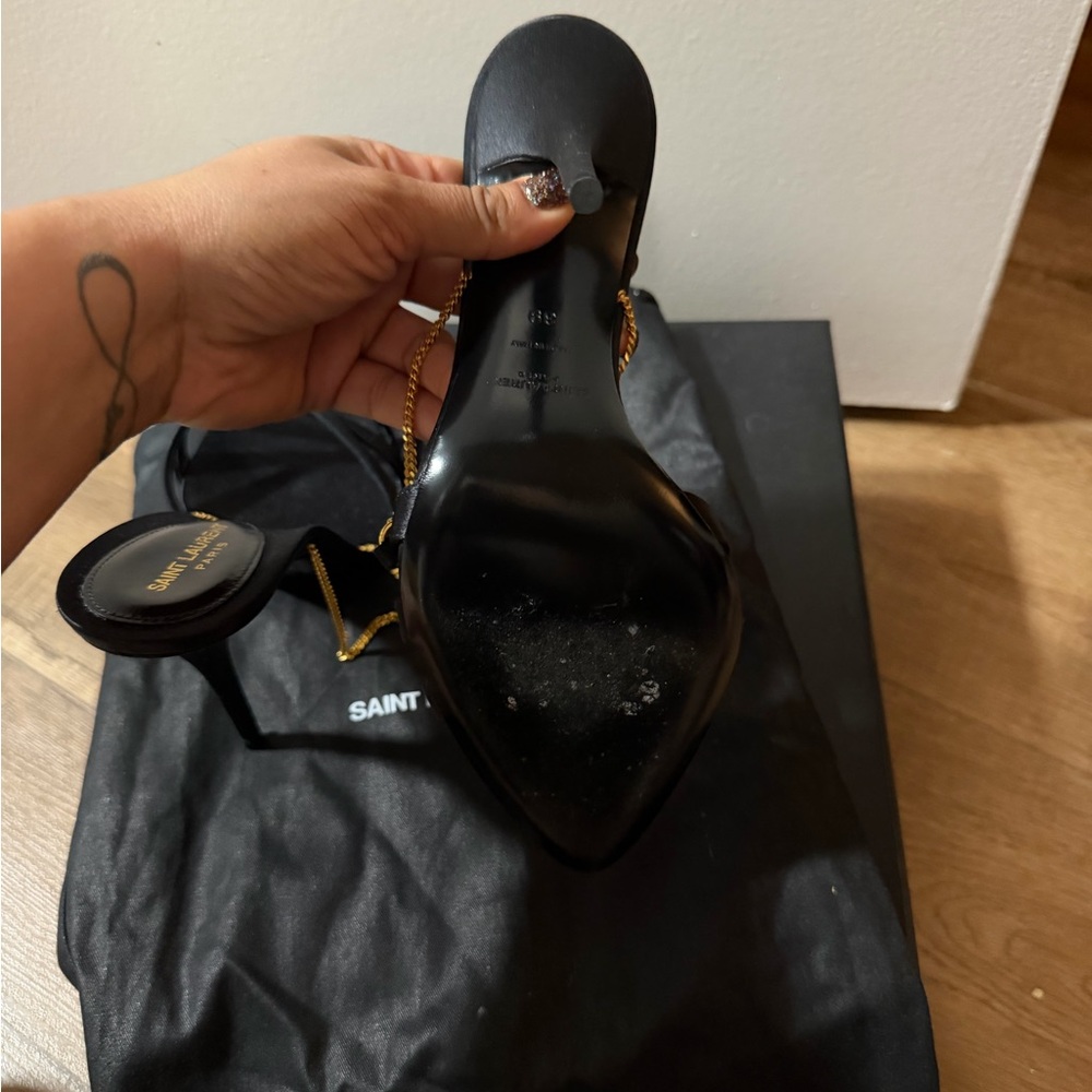 Saint Laurent Black and Gold Strappy Heels - Picture 6 of 6